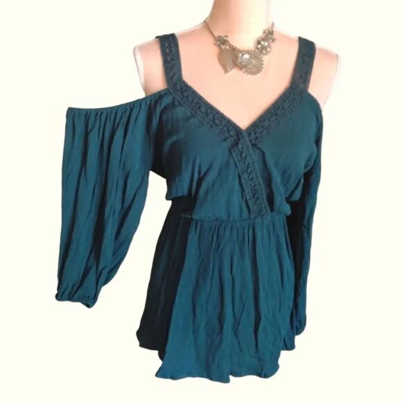 Torrid Teal Gauze Lace Trim Long Sleeve Cold Shoulder Peplum Blouse 2X NWT - Picture 6 of 15